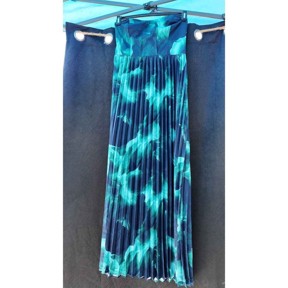 Strapless Pleated Maxi Dress Teal Blue Abstract Print Smocked Back Gown